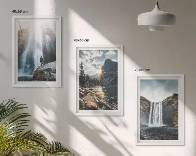 3er-Set Bilder mit Rahmen mit Motiven von Wasserfällen, Bergen und Landschaften