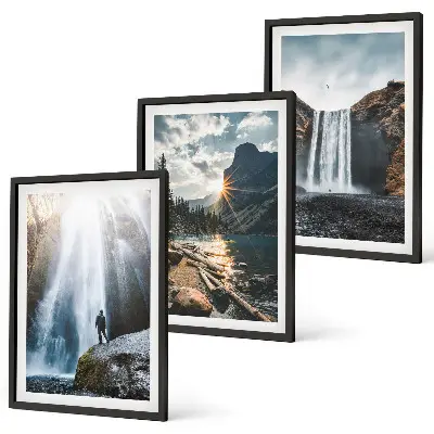 3er-Set Bilder mit Rahmen mit Motiven von Wasserfällen, Bergen und Landschaften