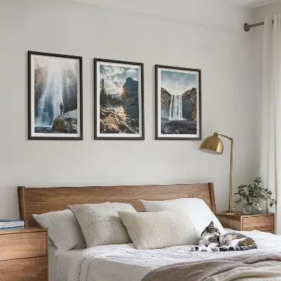 3er-Set Bilder mit Rahmen mit Motiven von Wasserfällen, Bergen und Landschaften