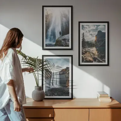 3er-Set Bilder mit Rahmen mit Motiven von Wasserfällen, Bergen und Landschaften