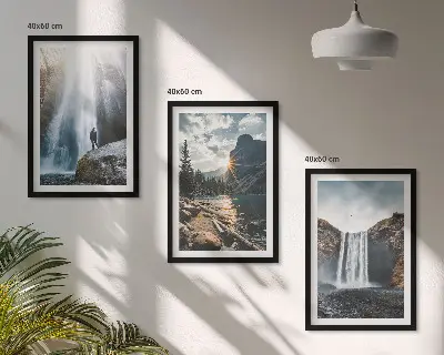 3er-Set Bilder mit Rahmen mit Motiven von Wasserfällen, Bergen und Landschaften