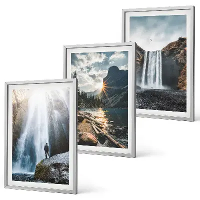3er-Set Bilder mit Rahmen mit Motiven von Wasserfällen, Bergen und Landschaften