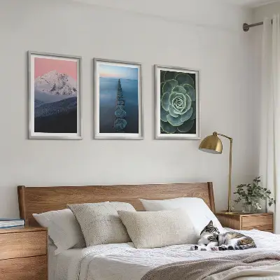 Gerahmtes Bilderset mit Motiven von Bergen, rosa Himmel, Wasser und Sukkulenten