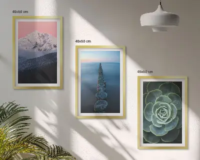 Gerahmtes Bilderset mit Motiven von Bergen, rosa Himmel, Wasser und Sukkulenten