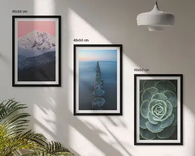 Gerahmtes Bilderset mit Motiven von Bergen, rosa Himmel, Wasser und Sukkulenten