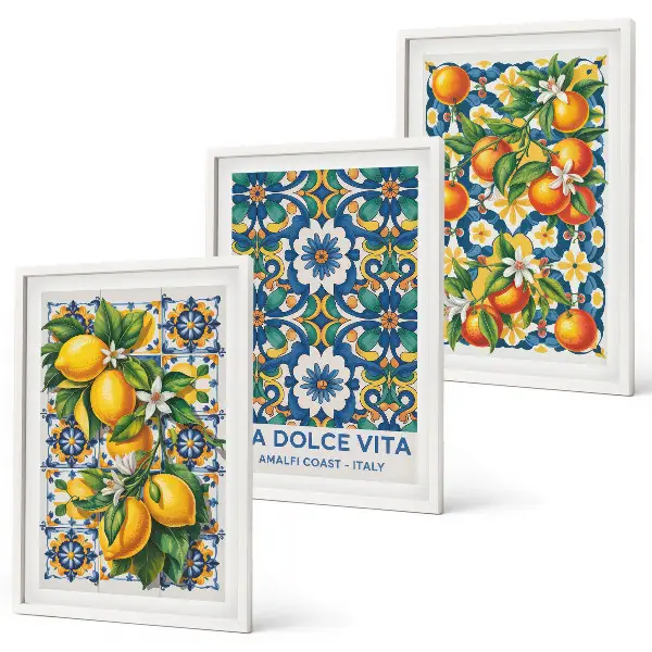 Abstraktes Zitrusfarbenes Wandbild 3er-Set mit Rahmen