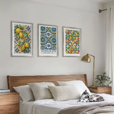 Abstraktes Zitrusfarbenes Wandbild 3er-Set mit Rahmen