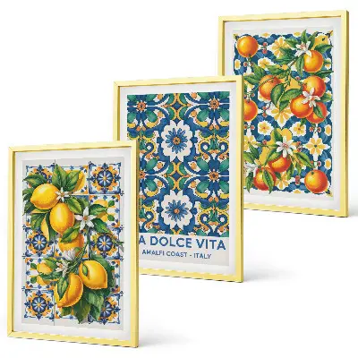 Abstraktes Zitrusfarbenes Wandbild 3er-Set mit Rahmen