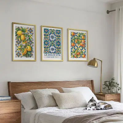 Abstraktes Zitrusfarbenes Wandbild 3er-Set mit Rahmen