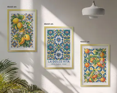Abstraktes Zitrusfarbenes Wandbild 3er-Set mit Rahmen