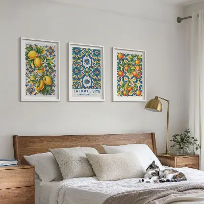Abstraktes Zitrusfarbenes Wandbild 3er-Set mit Rahmen