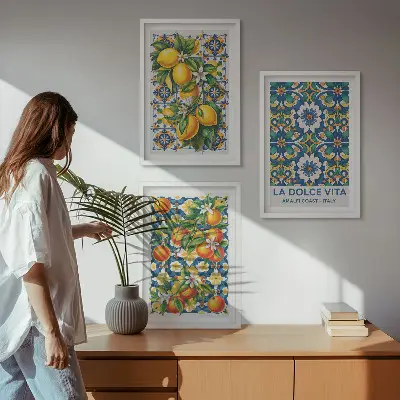 Abstraktes Zitrusfarbenes Wandbild 3er-Set mit Rahmen
