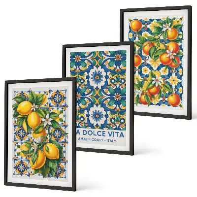 Abstraktes Zitrusfarbenes Wandbild 3er-Set mit Rahmen