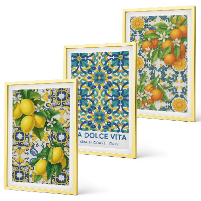 Gerahmtes bilderset Zitronen, Orangen, Blumen, Italien