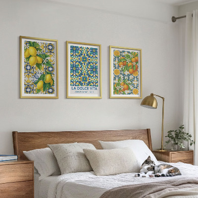 Gerahmtes bilderset Zitronen, Orangen, Blumen, Italien
