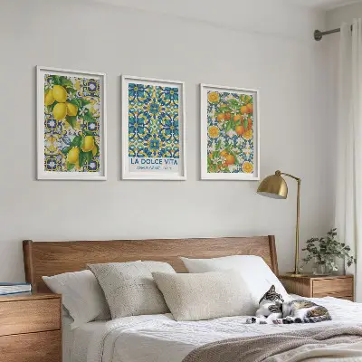 Gerahmtes Bilderset mit Zitronen, Orangen und Blumen aus Italien