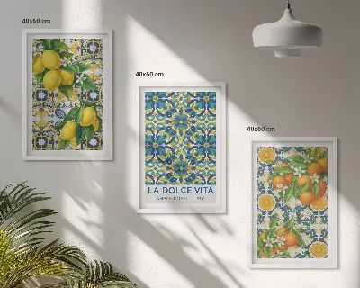 Gerahmtes Bilderset mit Zitronen, Orangen und Blumen aus Italien
