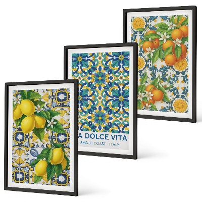 Gerahmtes bilderset Zitronen, Orangen, Blumen, Italien