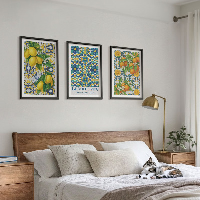 Gerahmtes bilderset Zitronen, Orangen, Blumen, Italien