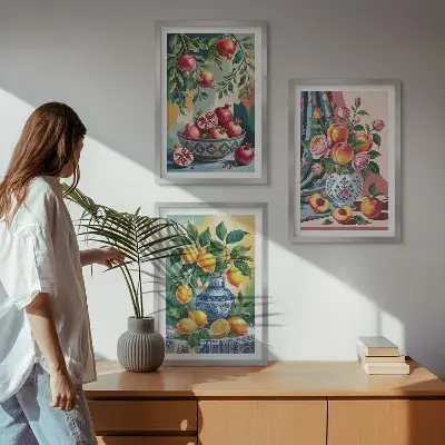 Blumen und Früchte in Vasen 3er-Set Bilder mit Rahmen
