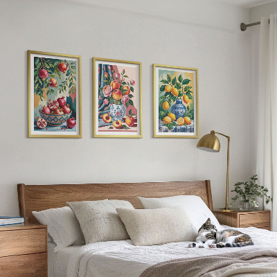 Bilder-3er-set mit rahmen Blumen und Früchte in Vasen