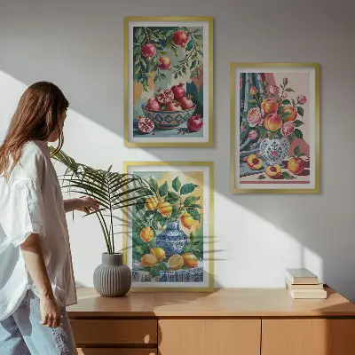 Blumen und Früchte in Vasen 3er-Set Bilder mit Rahmen