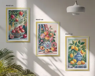 Blumen und Früchte in Vasen 3er-Set Bilder mit Rahmen