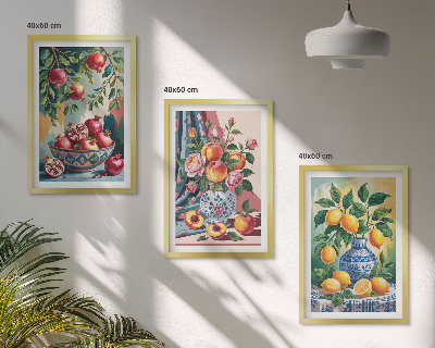 Bilder-3er-set mit rahmen Blumen und Früchte in Vasen