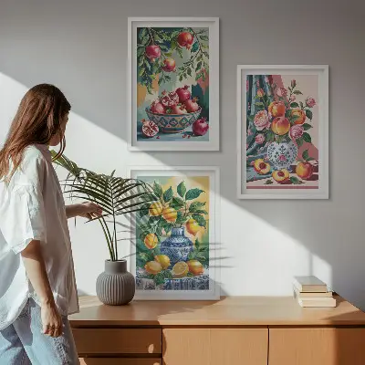 Blumen und Früchte in Vasen 3er-Set Bilder mit Rahmen