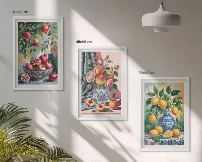Blumen und Früchte in Vasen 3er-Set Bilder mit Rahmen