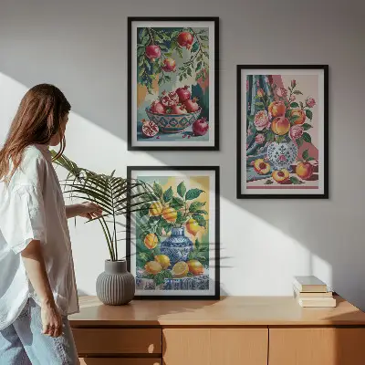 Blumen und Früchte in Vasen 3er-Set Bilder mit Rahmen