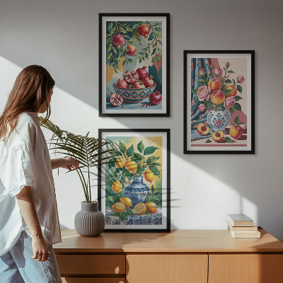 Bilder-3er-set mit rahmen Blumen und Früchte in Vasen