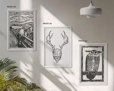 3er-Set Bilder mit Rahmen Grafiken mit schreienden Totenkopf-Eulen