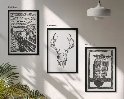 3er-Set Bilder mit Rahmen Grafiken mit schreienden Totenkopf-Eulen