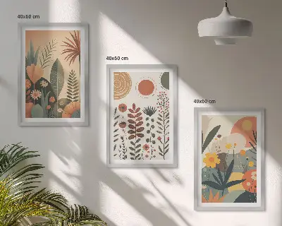 Bilder-3er-Set mit Rahmen Boho-Pflanzenmuster in Naturtönen