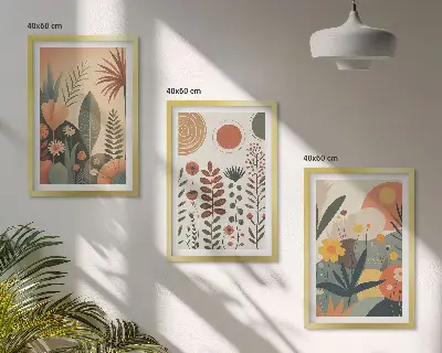 Bilder-3er-Set mit Rahmen Boho-Pflanzenmuster in Naturtönen