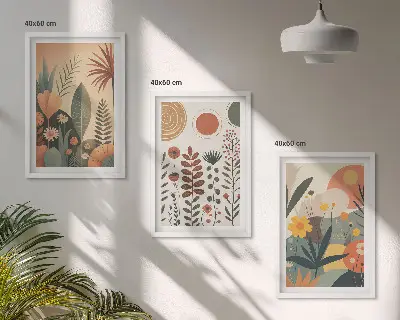 Bilder-3er-Set mit Rahmen Boho-Pflanzenmuster in Naturtönen