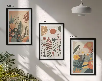 Bilder-3er-Set mit Rahmen Boho-Pflanzenmuster in Naturtönen