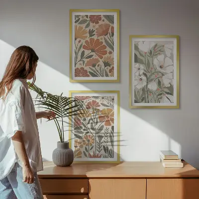 Gerahmtes Bilderset mit Blumenmuster in Orange und Grün
