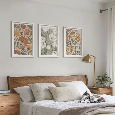 Gerahmtes Bilderset mit Blumenmuster in Orange und Grün
