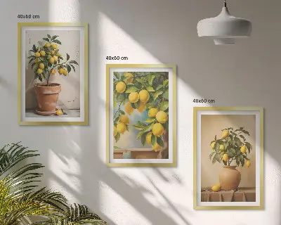 Zitronenbäumchen im Topf und in der Vase 3er-Set Bilder mit Rahmen