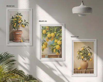 Zitronenbäumchen im Topf und in der Vase 3er-Set Bilder mit Rahmen