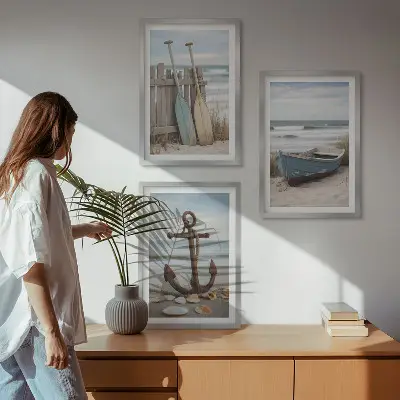 Gerahmtes Bilderset mit Strand Boot und Anker Motiv in Sandfarben