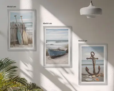 Gerahmtes Bilderset mit Strand Boot und Anker Motiv in Sandfarben