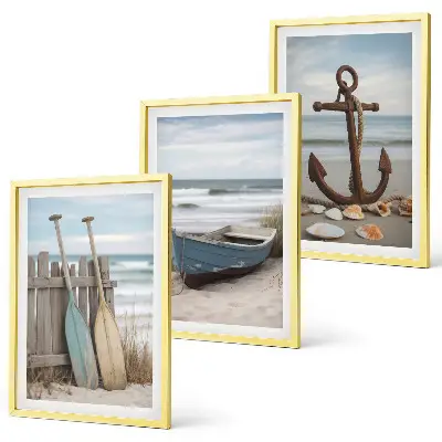 Gerahmtes Bilderset mit Strand Boot und Anker Motiv in Sandfarben