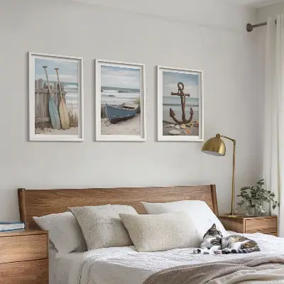 Gerahmtes Bilderset mit Strand Boot und Anker Motiv in Sandfarben