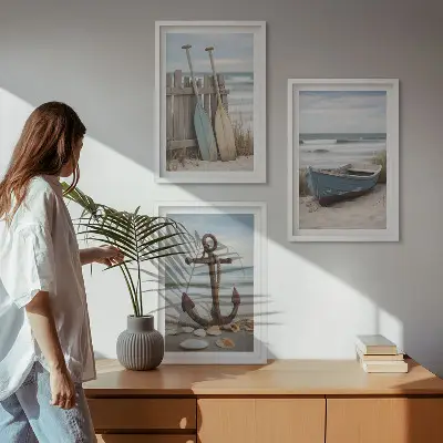 Gerahmtes Bilderset mit Strand Boot und Anker Motiv in Sandfarben