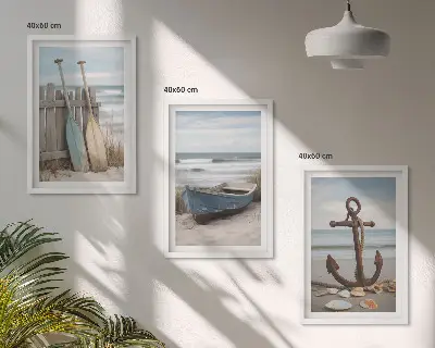 Gerahmtes Bilderset mit Strand Boot und Anker Motiv in Sandfarben