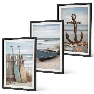 Gerahmtes Bilderset mit Strand Boot und Anker Motiv in Sandfarben