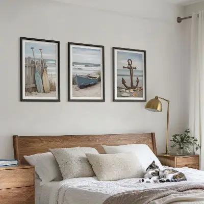 Gerahmtes Bilderset mit Strand Boot und Anker Motiv in Sandfarben